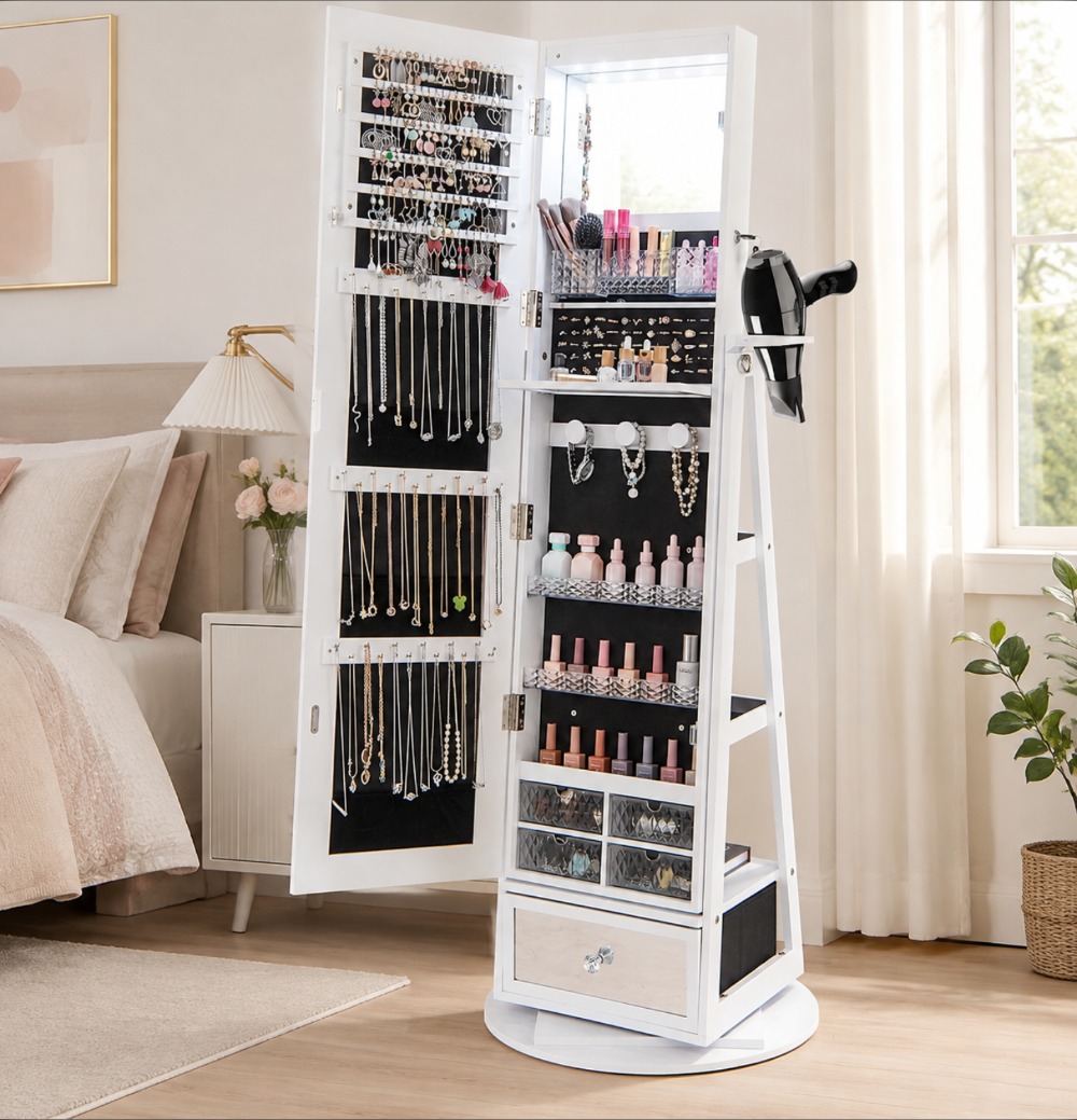 Full Length Mirror Jewelry Armoire - 360 ° Вращающийся шкаф для украшений