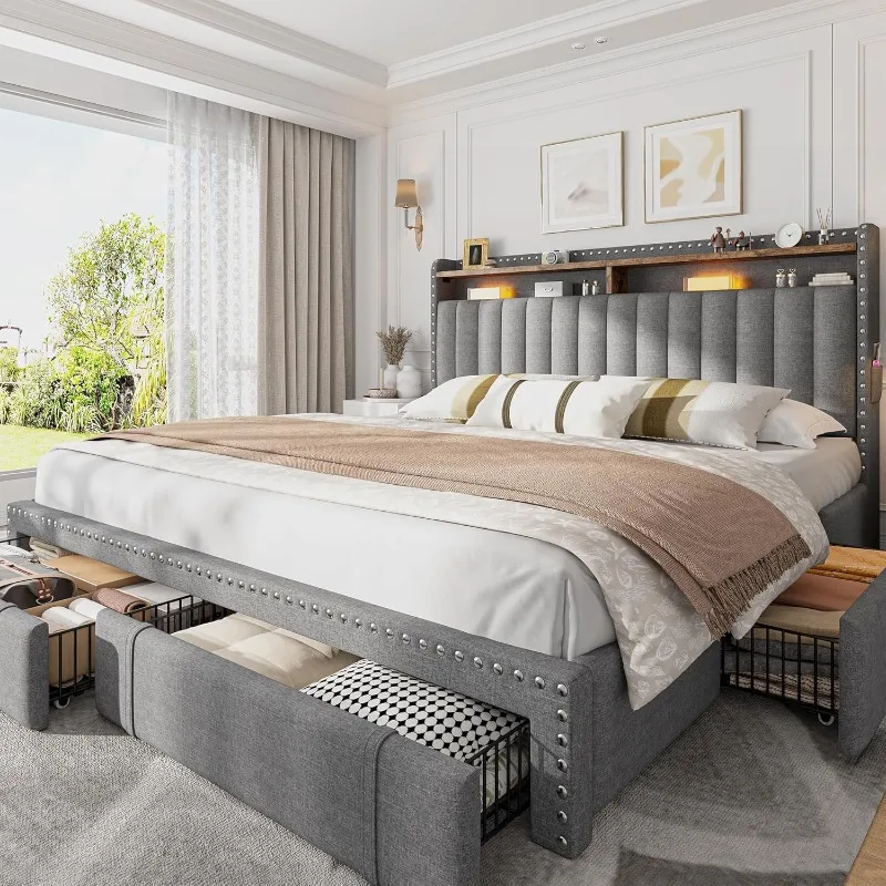 King Size Bed Frame With Storage Drawers - Кровать EnHomee с мягкой обивкой, размера