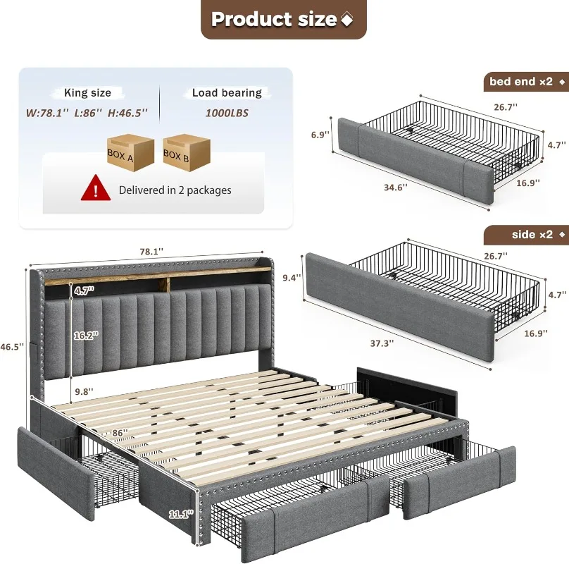 Кровать EnHomee с мягкой обивк – обзор и цена King Size Bed Frame With Storage Drawers