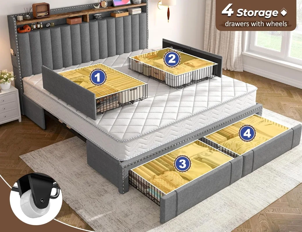 Кровать EnHomee с мягкой обивк – обзор и цена King Size Bed Frame With Storage Drawers