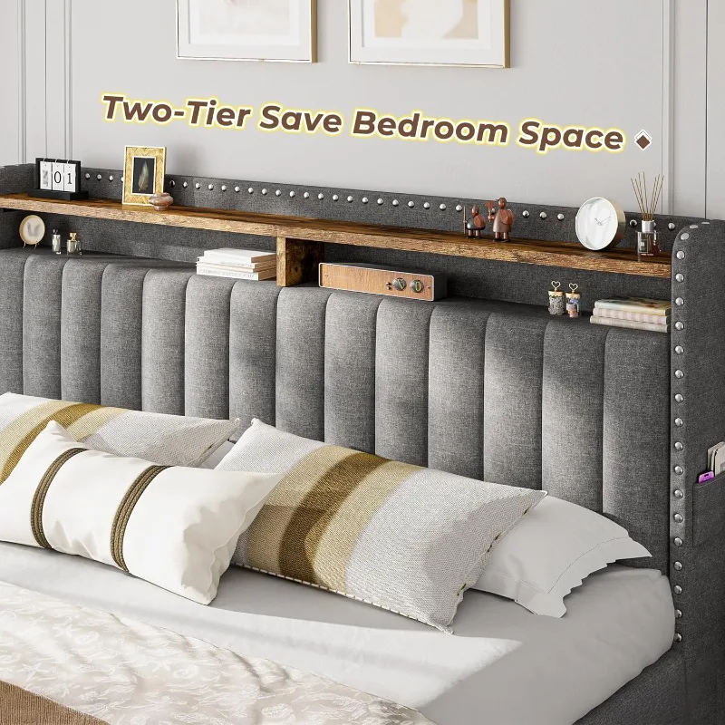 Кровать EnHomee с мягкой обивк – обзор и цена King Size Bed Frame With Storage Drawers