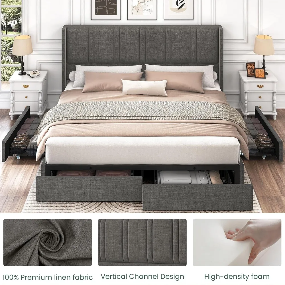 Кровать-платформа с льняной об – обзор и цена King Size Bed Frame With Storage Drawers