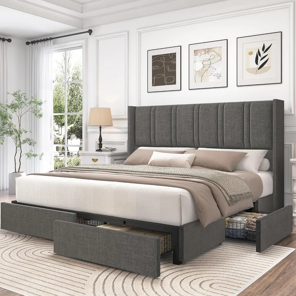 Кровать-платформа с льняной об – обзор и цена King Size Bed Frame With Storage Drawers