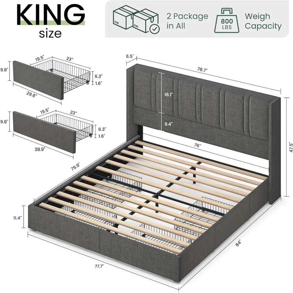 Кровать-платформа с льняной об – обзор и цена King Size Bed Frame With Storage Drawers